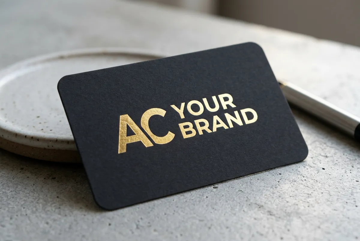 Black business card mockup with gold foil AC YOUR BRAND logo