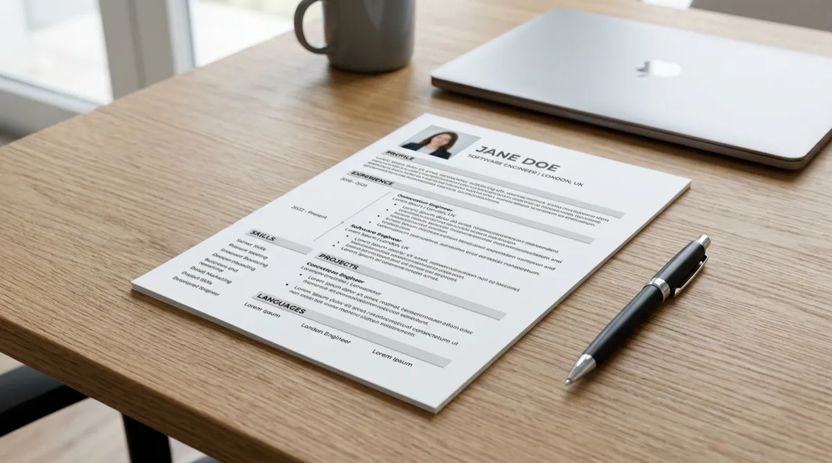 A clean, modern curriculum vitae document resting on a desk with a pen nearby