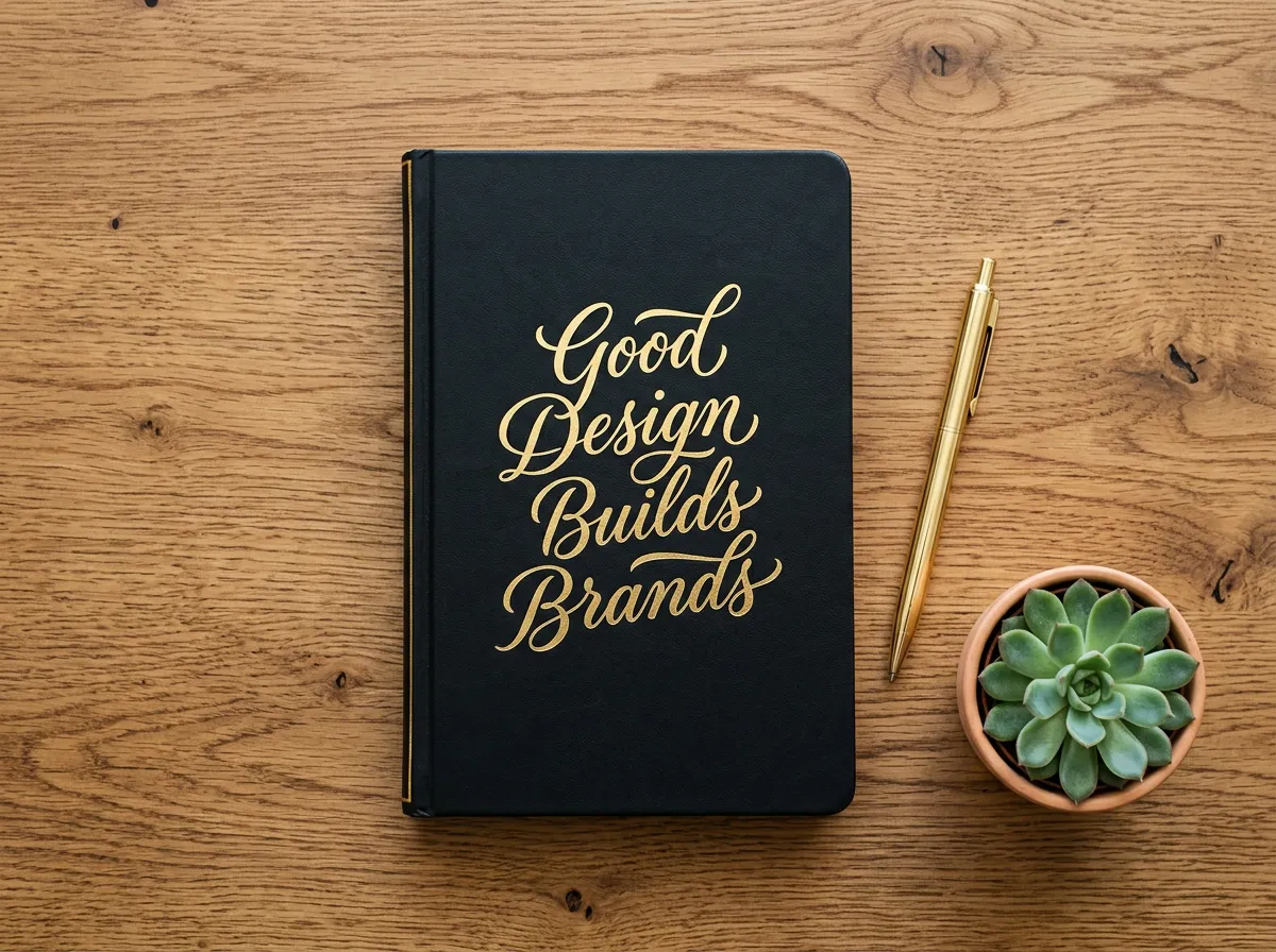 Top-down view of a black notebook on a wooden desk with gold cursive text reading 'Good Design Builds Brands', a gold pen, and a small potted plant