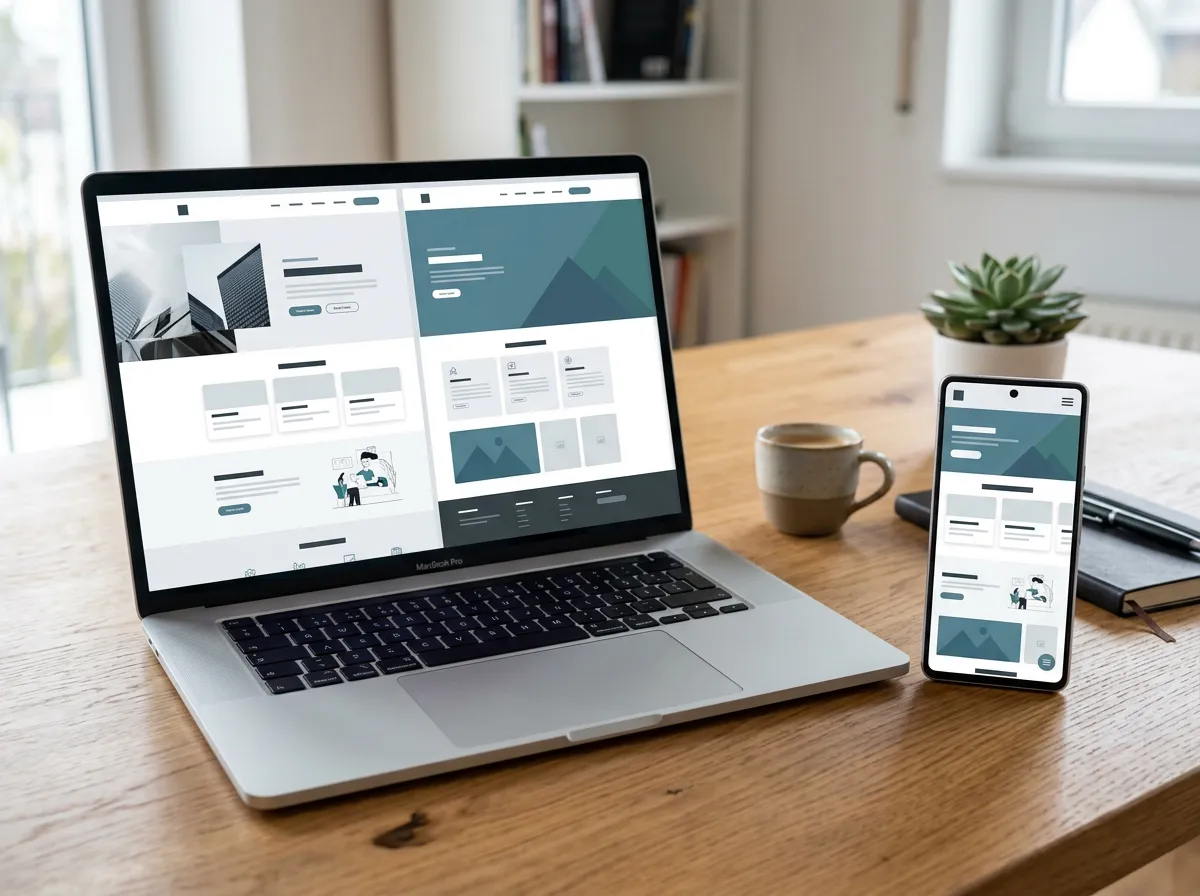 Mockup of a modern website displayed on a laptop screen and a mobile phone screen resting on a wooden desk.