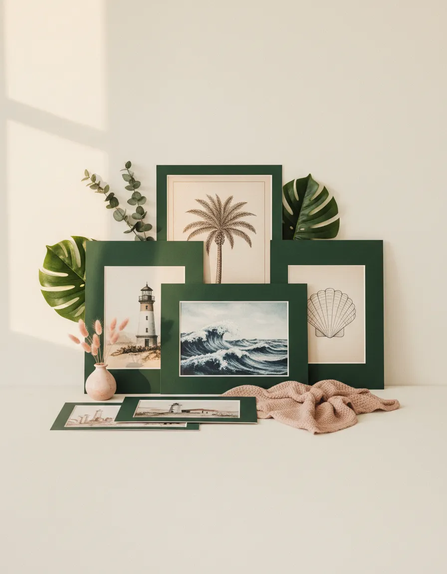 A collection of vintage and coastal prints in the home studio
