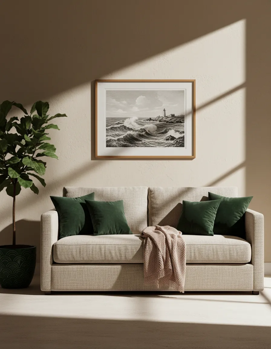 Editorial lifestyle image of a styled living room featuring a custom framed vintage print