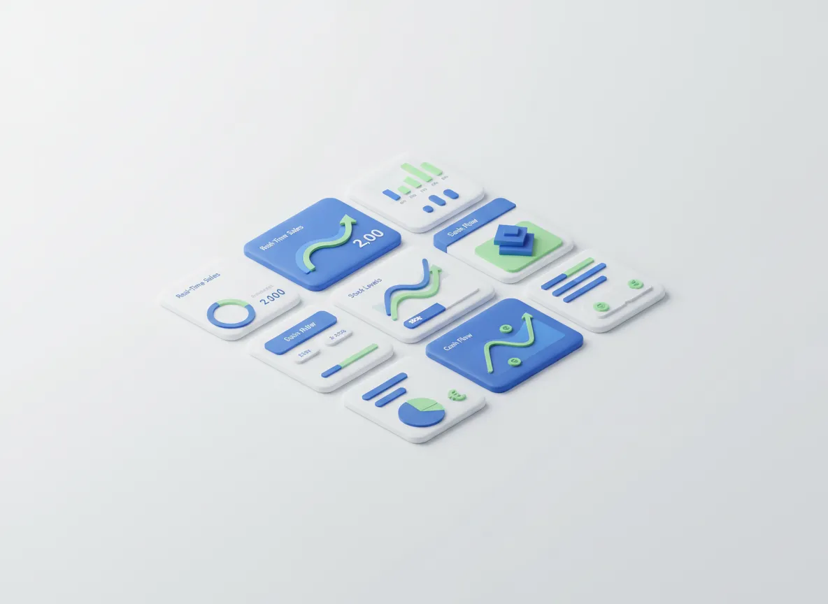 Dashboard moderno do sistema TAK Automação Comercial mostrando vendas e controle de estoque