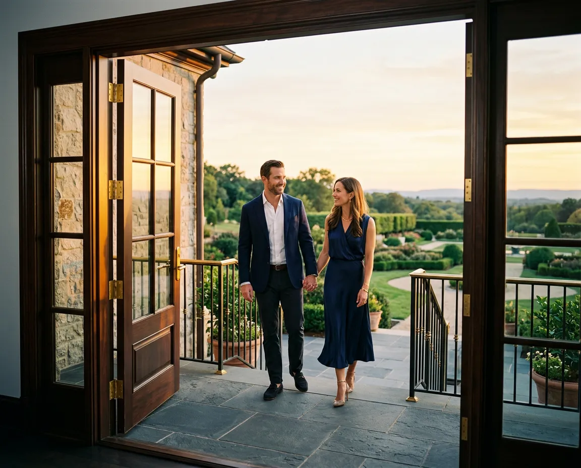 Sunset outdoor terrace and manicured grounds of a luxury Kansas City estate