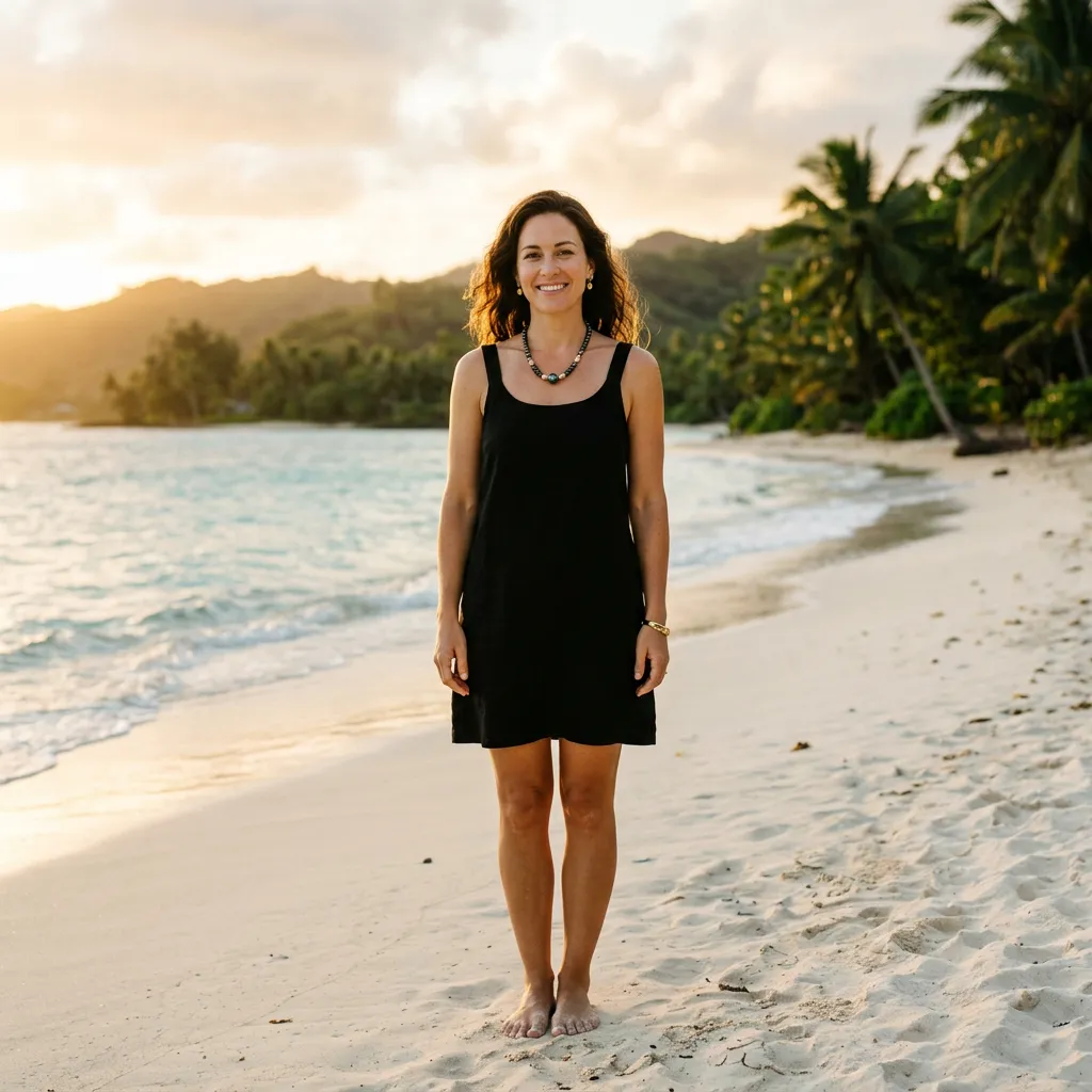 A happy guest wearing their handcrafted Rarotonga black pearl necklace smiling warmly on a sunlit tropical beach at golden hour