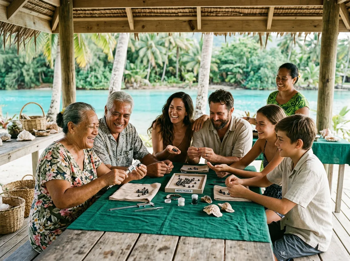 Family and couple learning black pearl grading in an open-air Rarotonga atelier