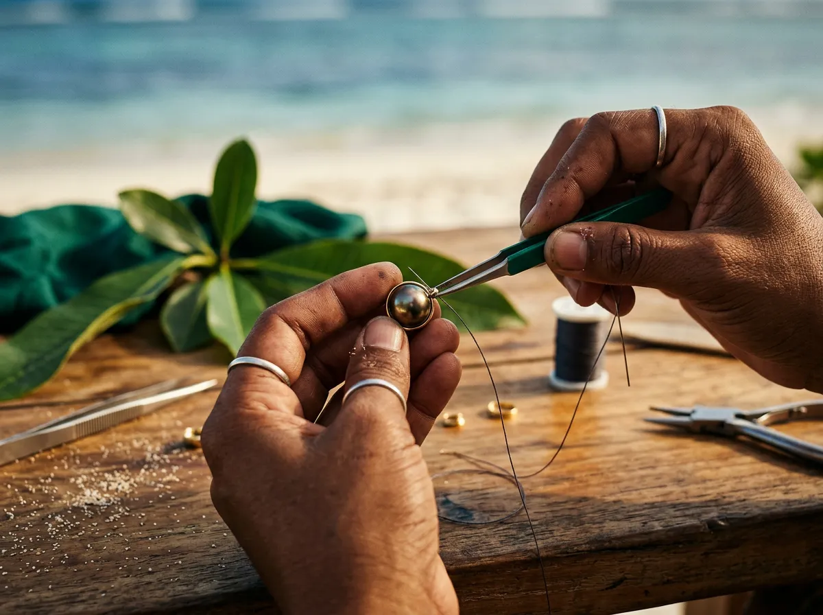 Close up hands delicately assembling a bespoke black pearl pendant souvenir in Rarotonga