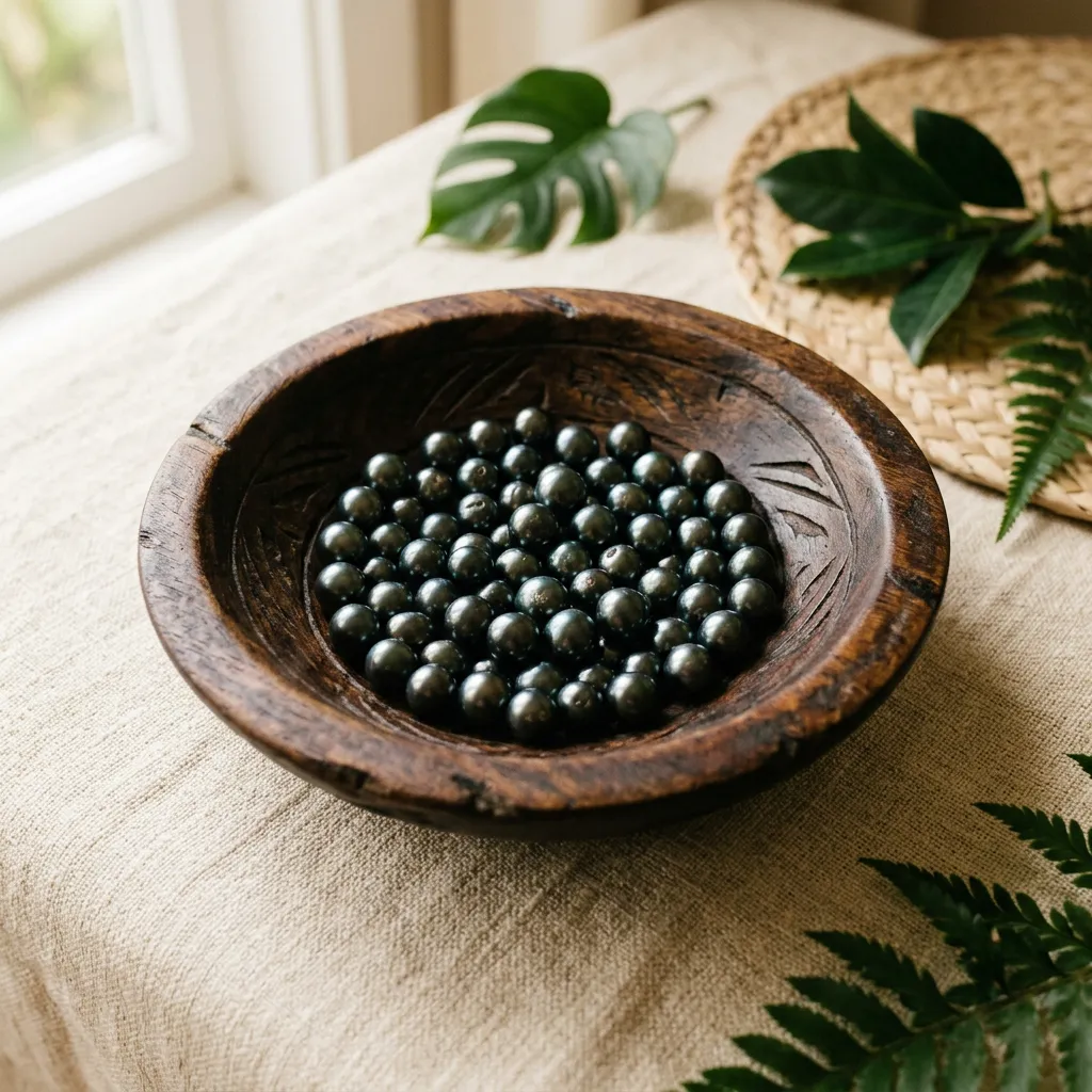 Lustrous raw Cook Islands black pearls resting on carved wooden artisan bowl