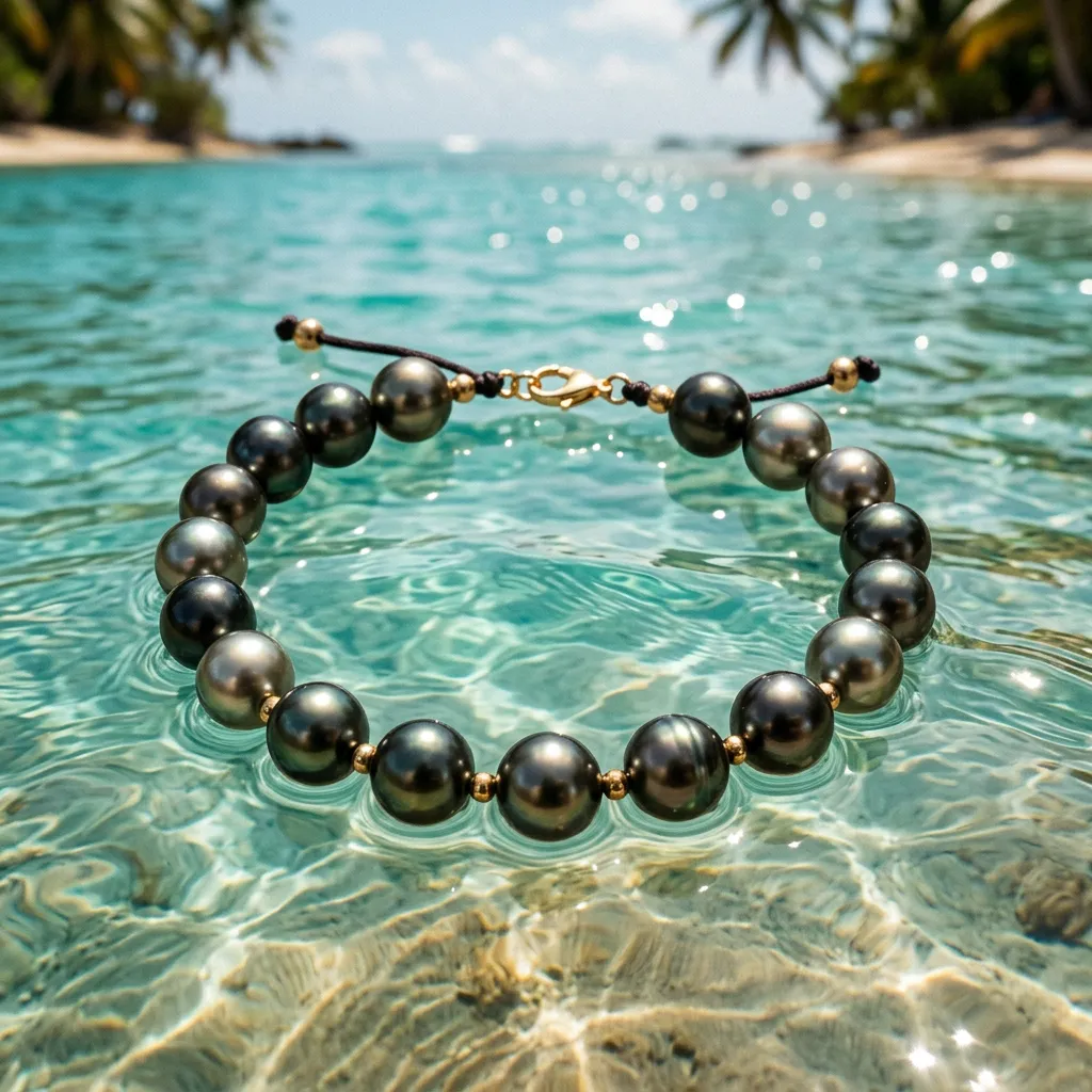 Close up of an elegant handmade black pearl bracelet against sunlit turquoise lagoon water