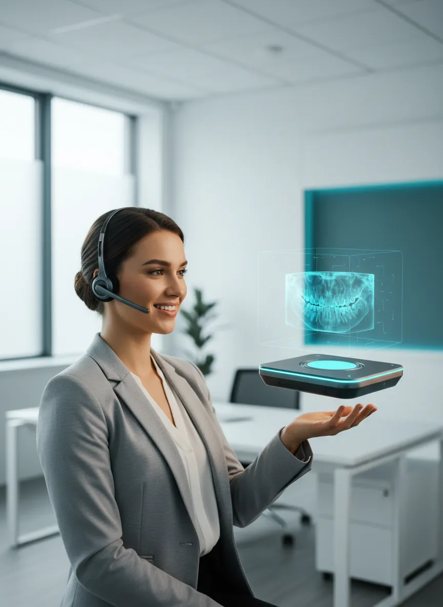 Friendly customer support team member assisting with a digital 3D dental scan release