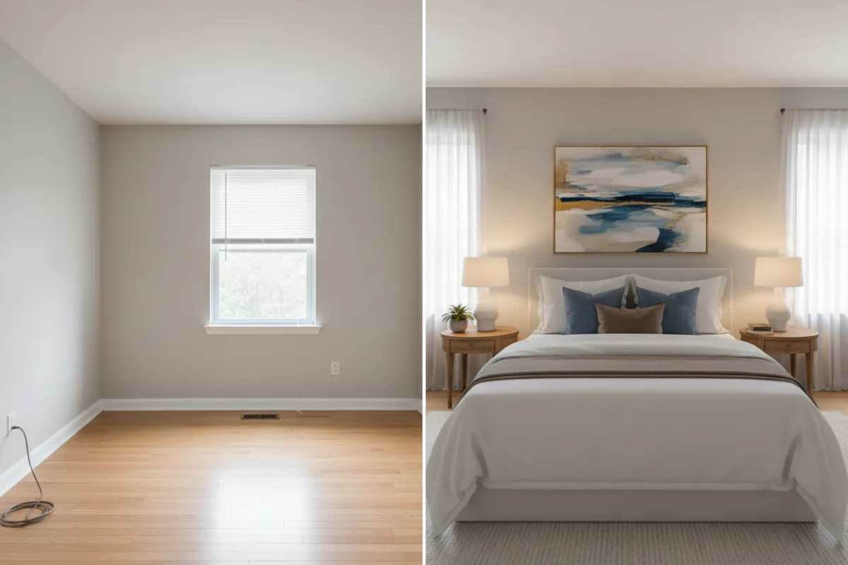 A split-screen image showing an empty bedroom on one side and the same room virtually staged with a bed, nightstands, and artwork on the other. The transformation highlights how AI staging adds warmth and appeal, making the space more attractive to potential buyers.