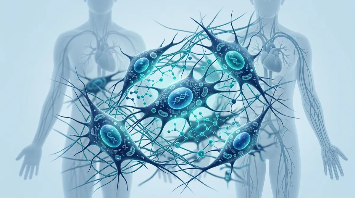 Modern mesenchymal stem cells and DNA molecular biology image in navy blue and teal tones