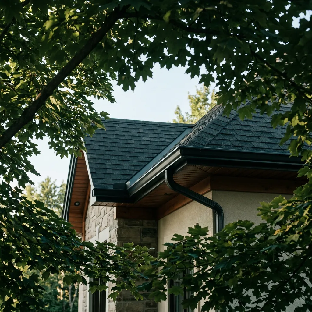 Toiture résidentielle québécoise bordée de grands arbres matures et gouttière bien entretenue