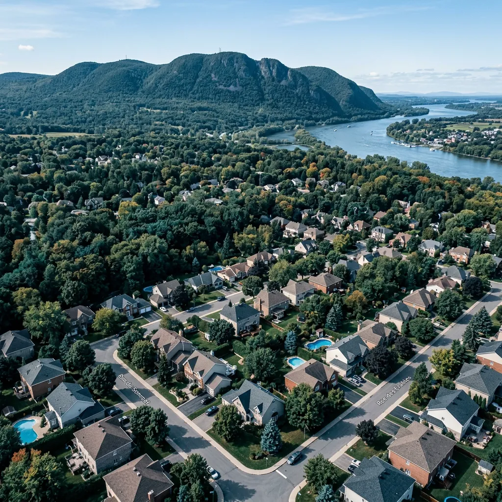 Vue aérienne du secteur résidentiel de Mont-Saint-Hilaire et de la rivière Richelieu