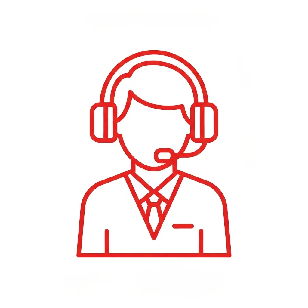 Red line-art icon of a person wearing a headset with a microphone.