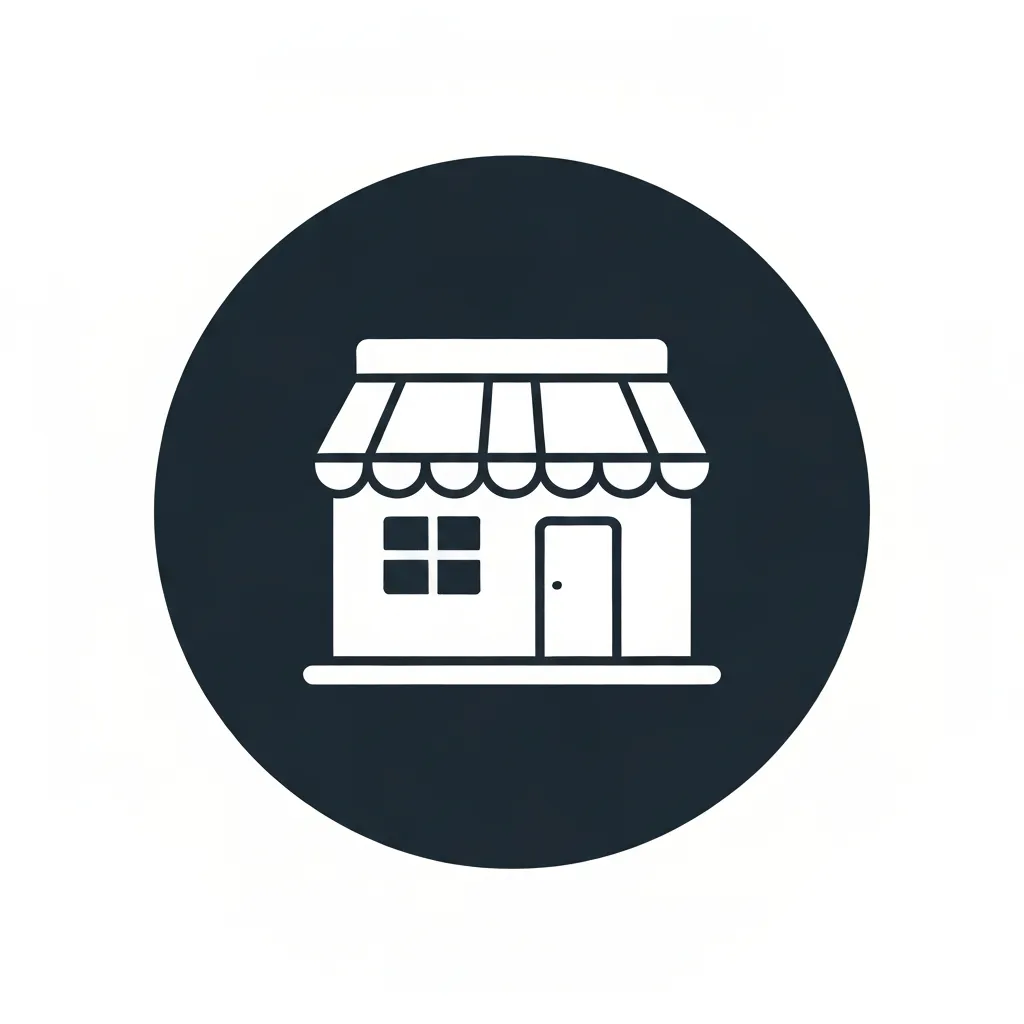 Dark navy circular icon with a white storefront building inside, representing a business.