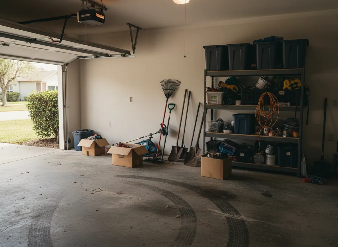 Before photo of a cluttered concrete garage floor