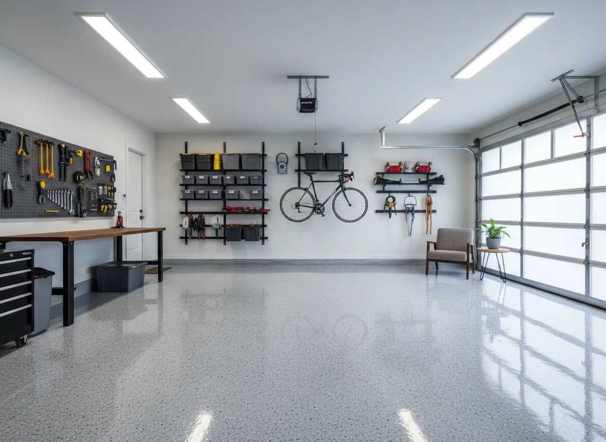 After photo of a Florida garage with new epoxy flake flooring and organized storage