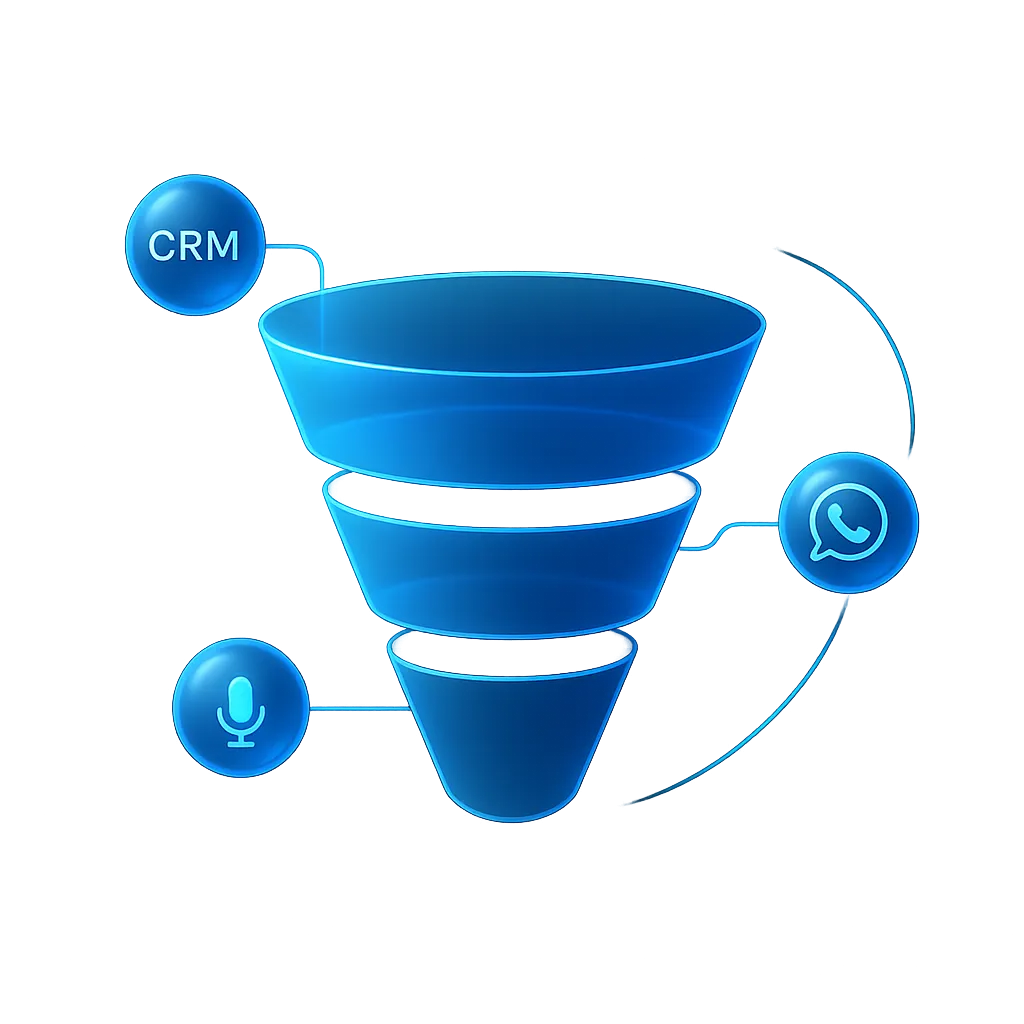 Diagrama visual de automatización de ventas y embudos con IA