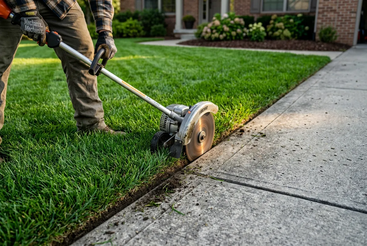 Stick edger creating a sharp 90 degree groove along a concrete driveway
