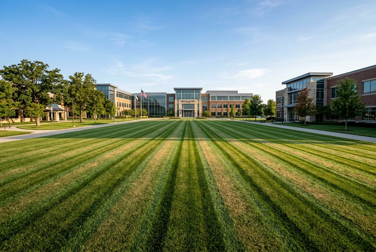 Commercial office park and corporate grounds with striped turf lines and clean parking borders