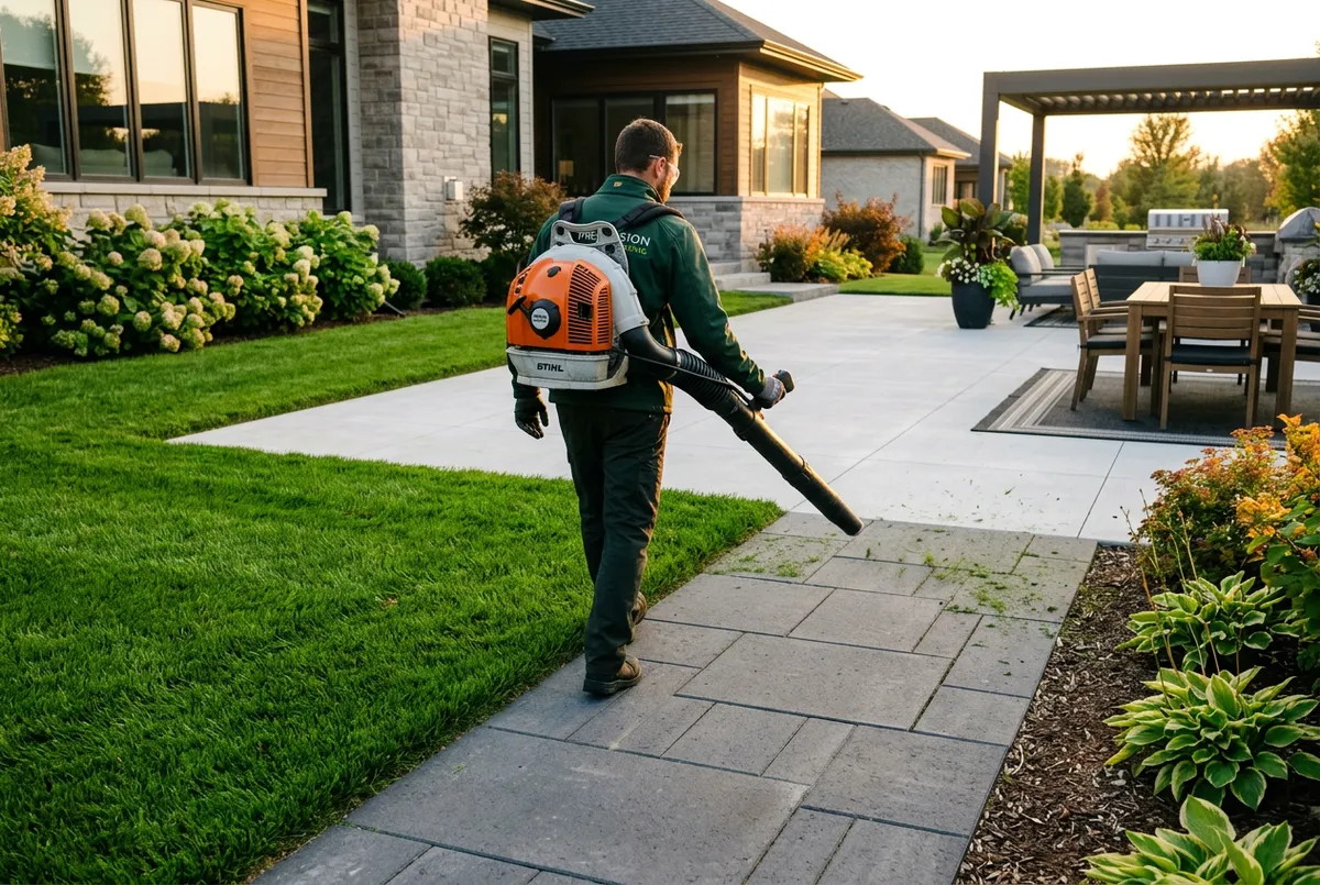 Commercial backpack blower clearing stray grass clippings from patio and pavers