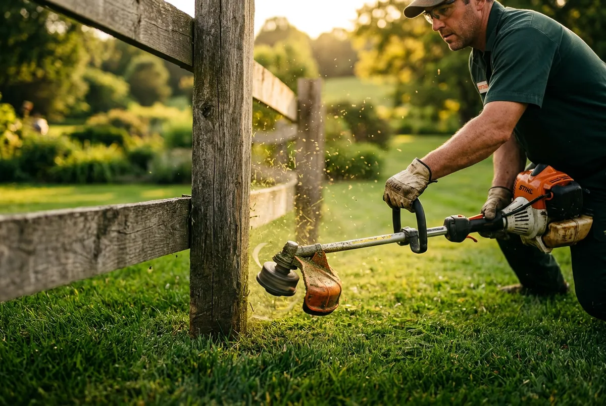 Commercial string trimmer cleaning edges around fence post and flower beds