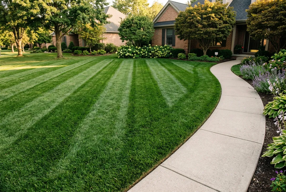 Immaculately manicured residential lawn with deep green turf and razor-sharp sidewalk edging