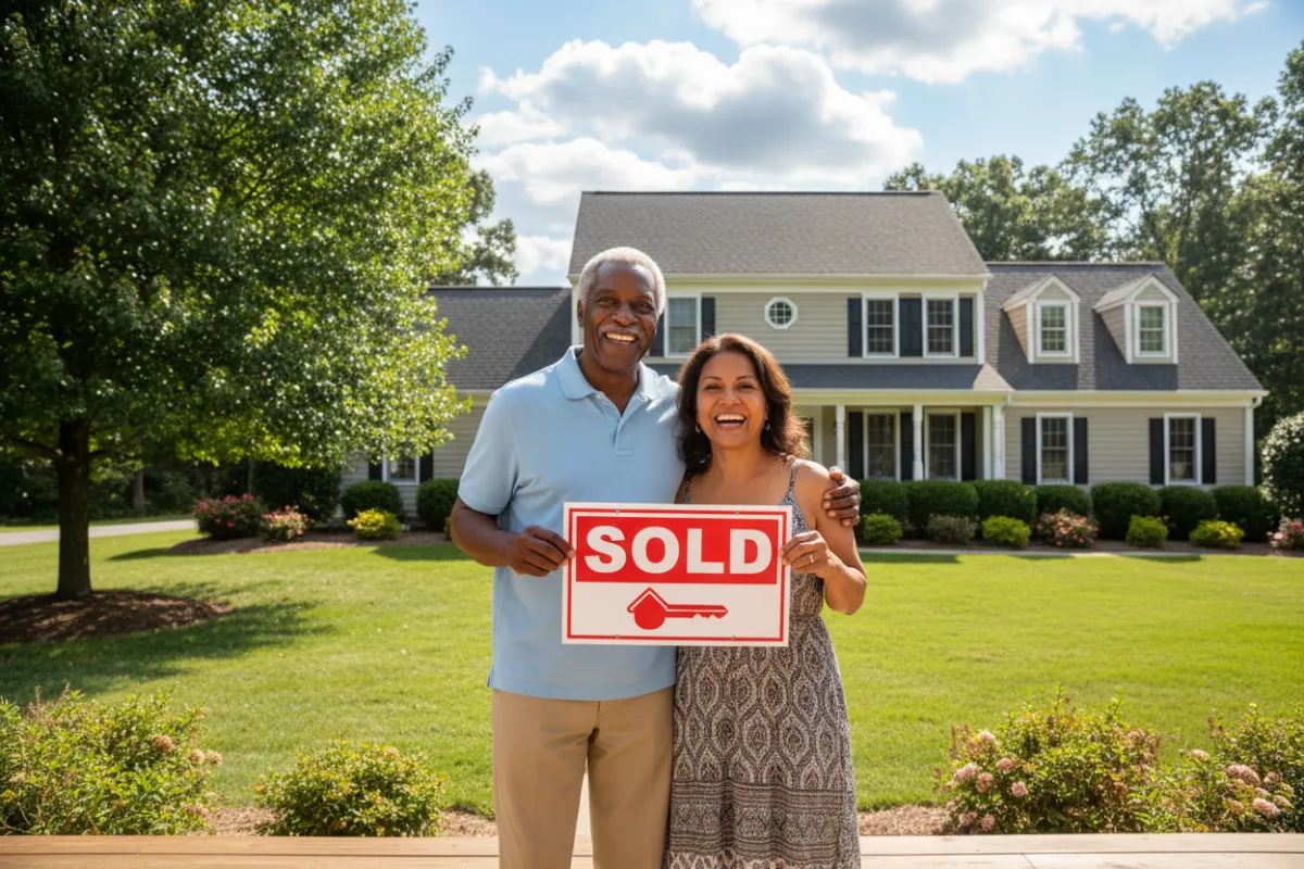 A cheerful retired couple stands on the porch of a freshly sold suburban home, holding a 'SOLD' sign together. The man is African American, the woman is Latina, both smiling broadly. The background features a manicured lawn and a blue sky, symbolizing a new beginning and financial relief.
