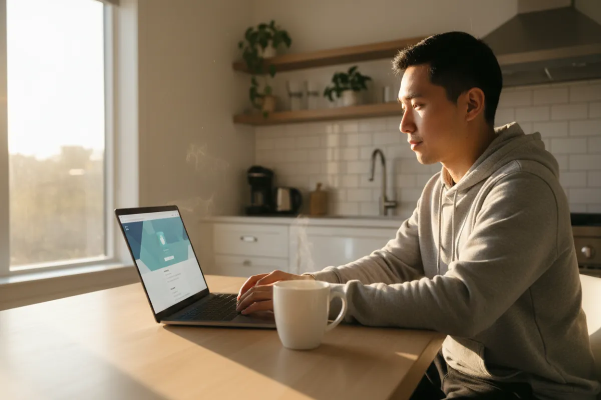 A young Asian American man sits at a kitchen table, laptop open, entering his home address into a website. Sunlight streams through a window, and a cup of coffee sits nearby. The scene conveys ease, empowerment, and digital convenience in a modern home setting.
