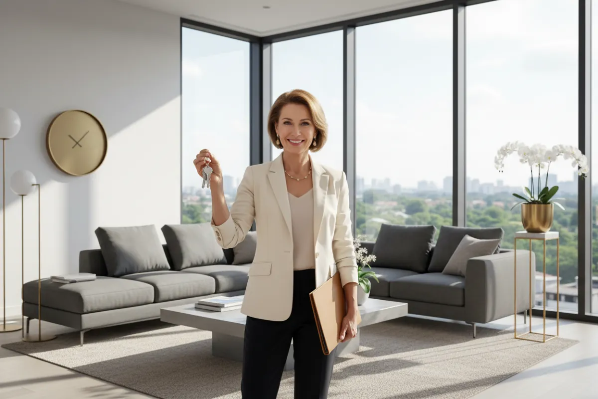 A confident middle-aged woman stands in a sunlit modern living room, holding a set of house keys and a folder, smiling as if she just closed a deal. The background features large windows, contemporary furniture, and subtle gold accents, evoking a sense of achievement and financial empowerment.