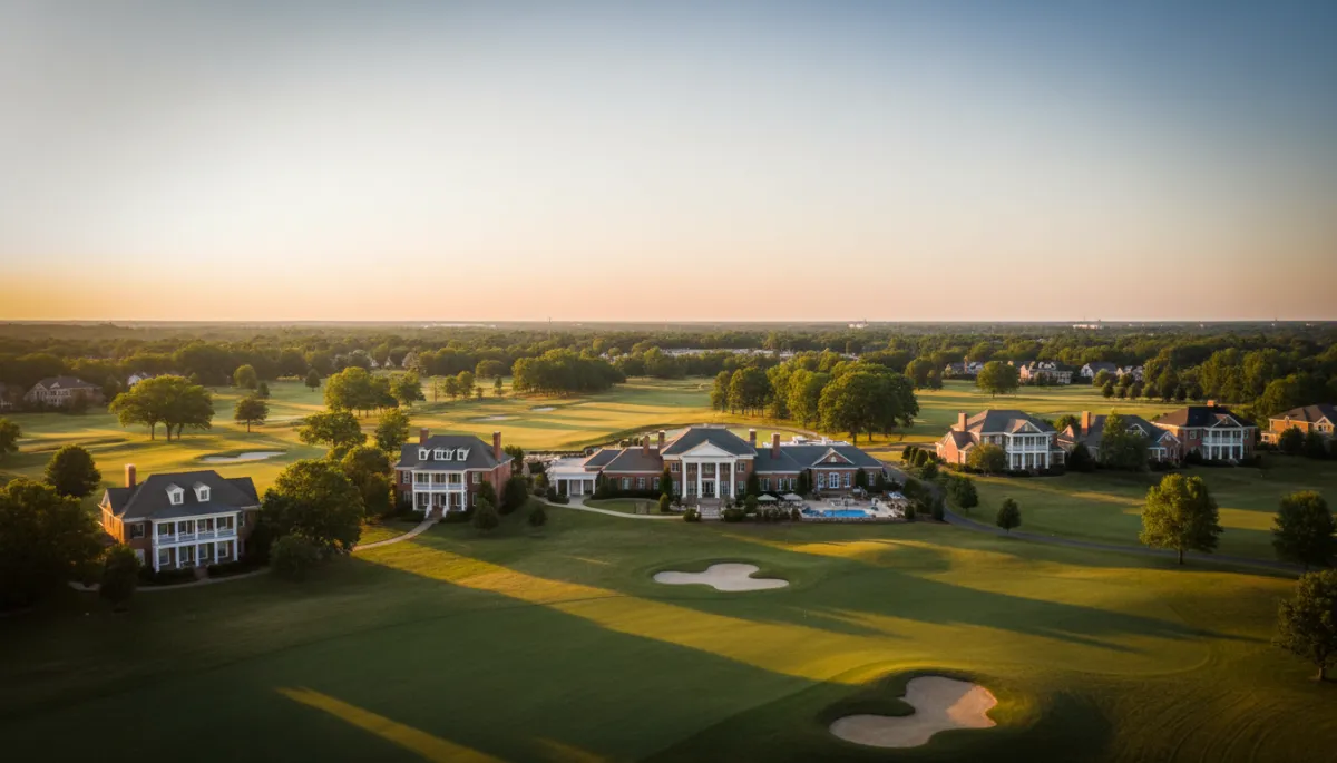 Aerial sunset view of Hamilton Mill golf course community showcasing homes, greens, and clubhouse for Sell and Stay program.