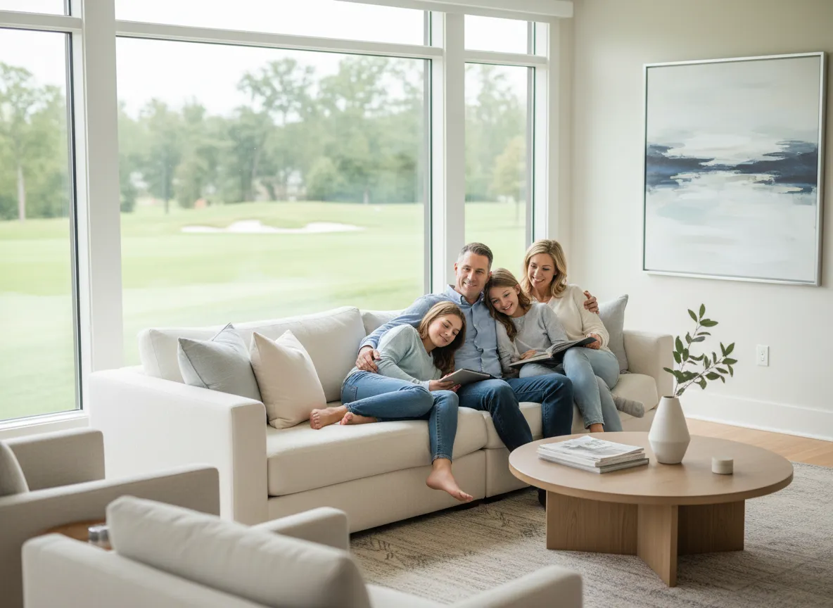 Hamilton Mill family relaxing in a modern living room overlooking golf course, representing Sell and Stay lifestyle.