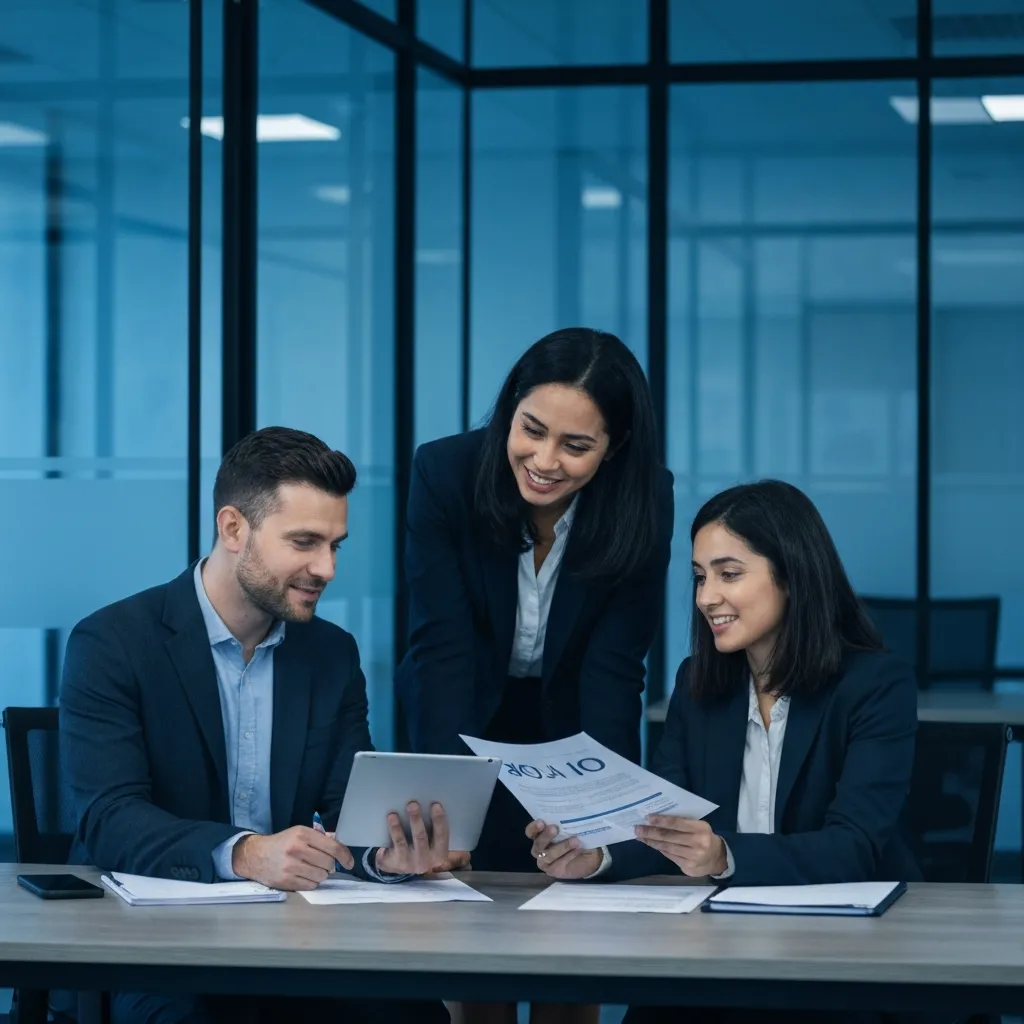 Professionals discussing flexible loan terms in a modern office