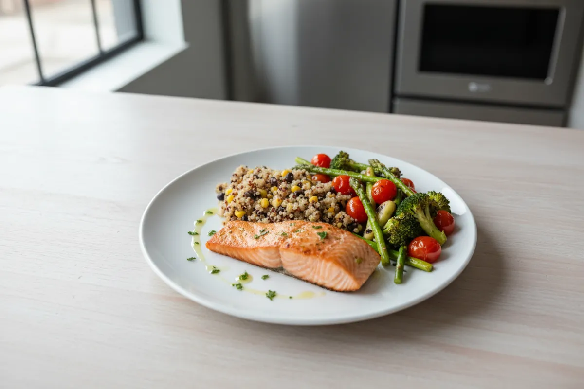 Balanced plate with protein, whole grains, and vegetables highlighting portion simplicity