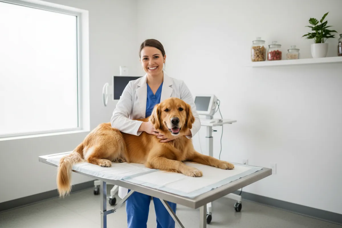 A cheerful young woman in a modern veterinary clinic gently holding a golden retriever on an exam table, with soft natural light and clean white walls, conveying trust and warmth.