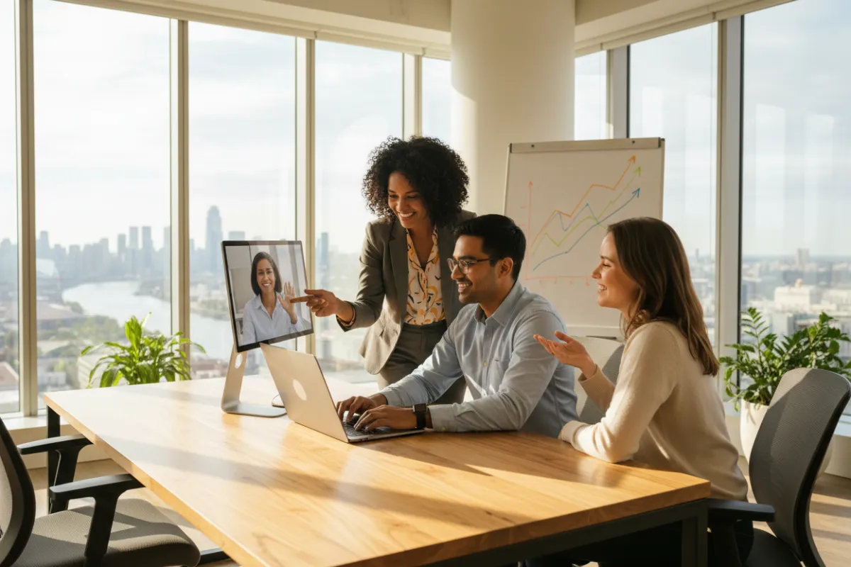A diverse team of three professionals, two women and one man, gathered around a modern desk, smiling and assisting a client via laptop in a bright, open office with large windows. The setting is energetic, collaborative, and welcoming, conveying approachability and readiness to help.