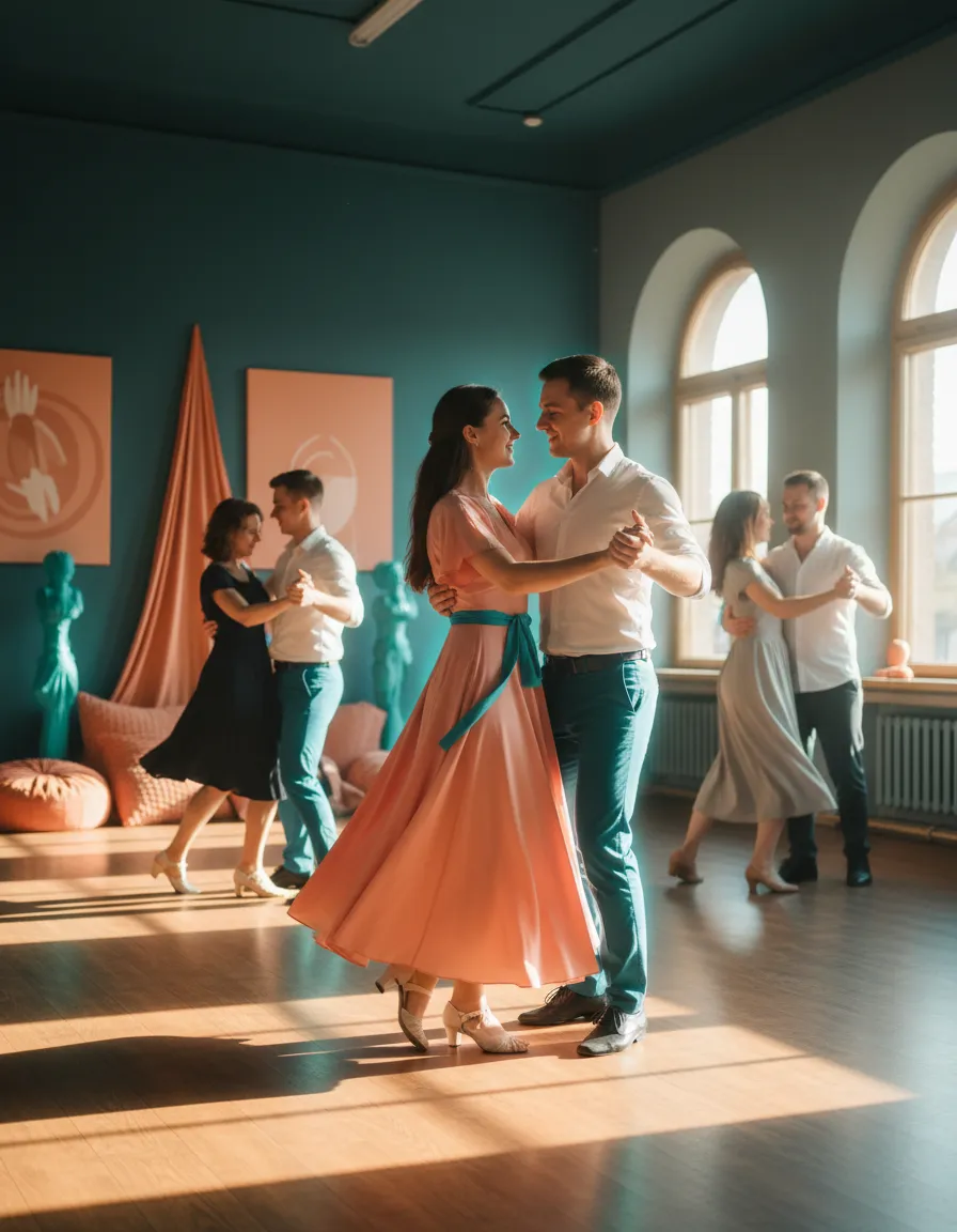 Adults social dancing in a warm studio