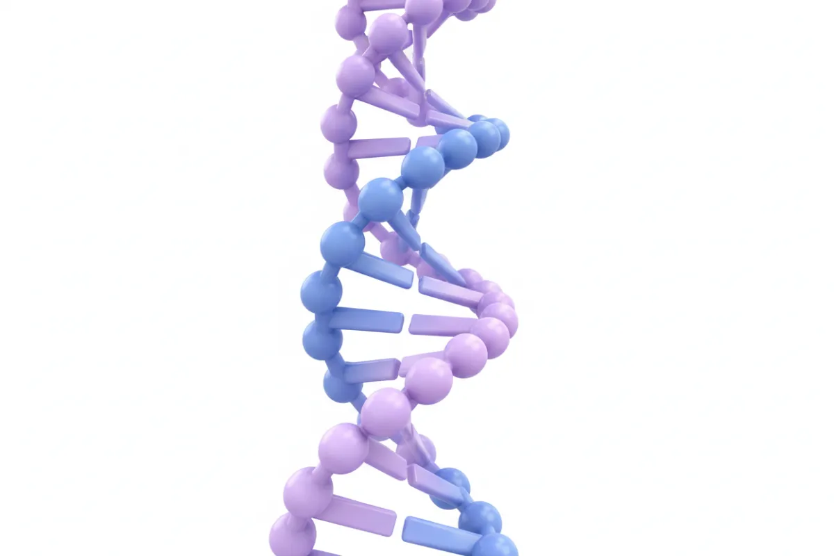 Close-up of molecular peptide chains forming a gentle helix, glowing with soft purple and blue hues on a white background, symbolizing purity and scientific innovation.