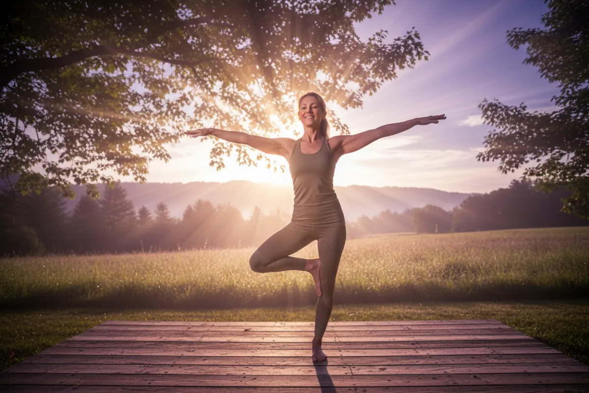 Smiling woman in her 40s stretching outdoors at sunrise, surrounded by soft purple and gold light, representing energy, balance, and wellness.
