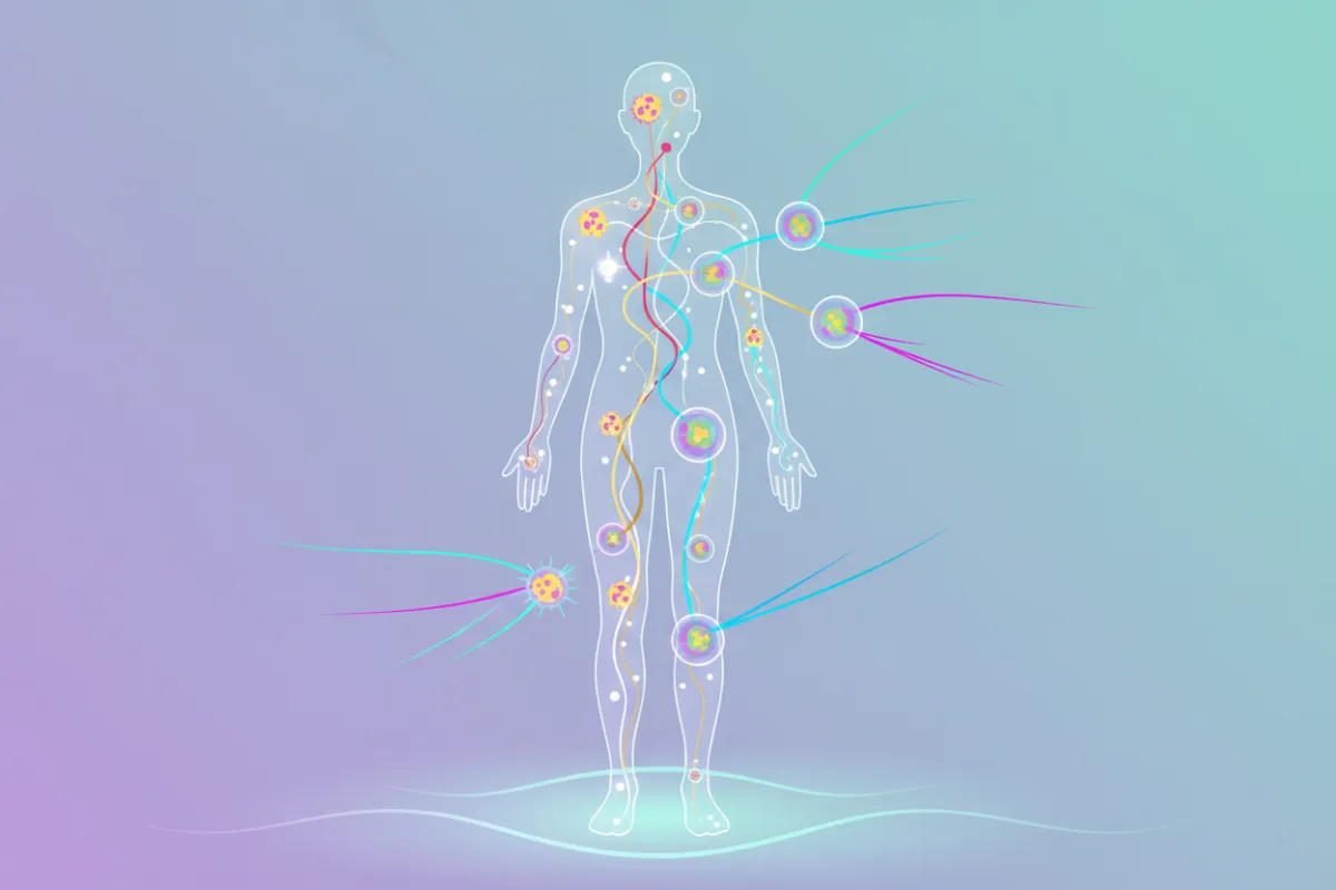 Stylized diagram of a human silhouette with highlighted pathways showing peptides interacting with cells, set against a soft purple and teal gradient background, representing vitality and internal balance.