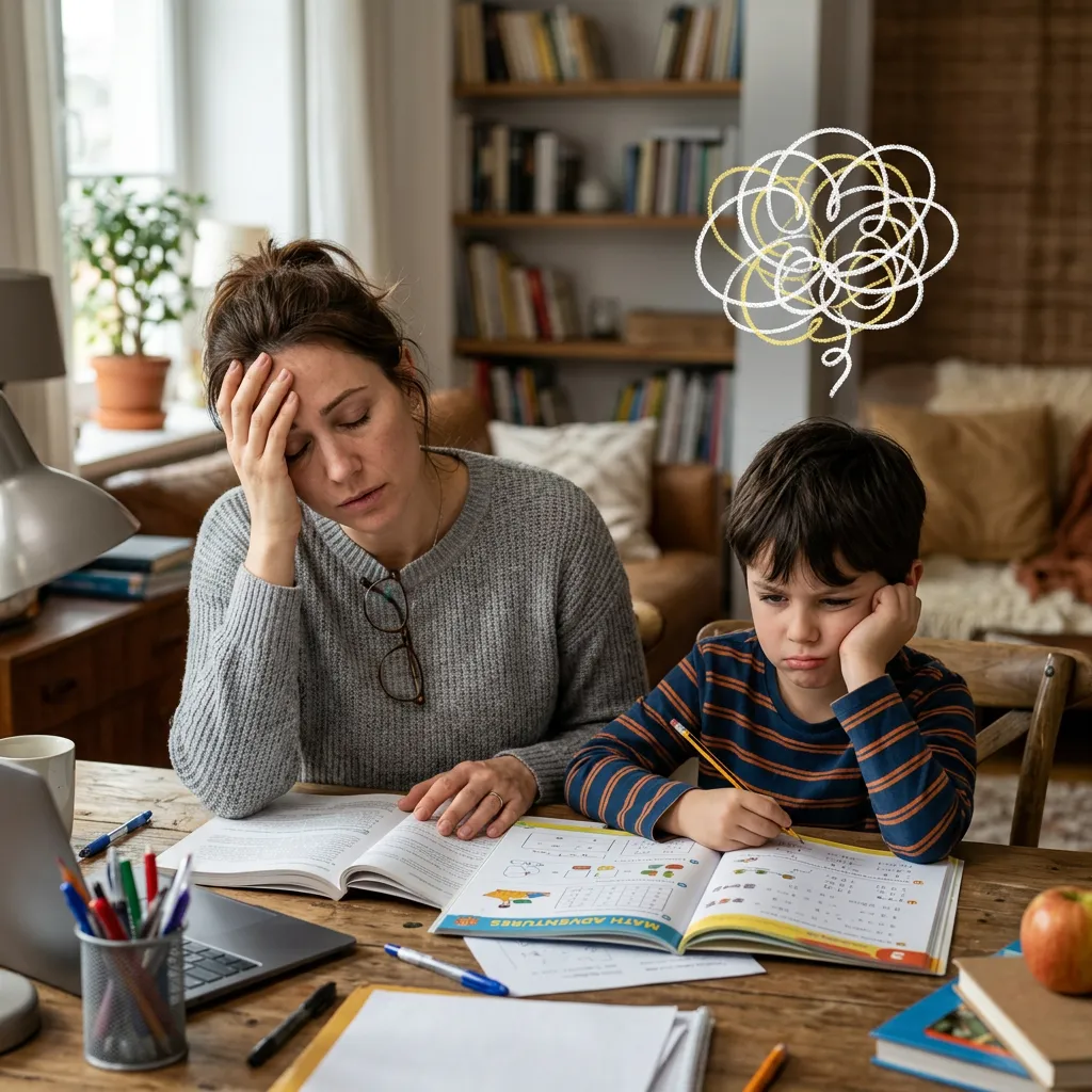 Photograph of a stressed-looking mother resting her head on her hand, sitting next to a young boy who looks similarly frustrated at a desk with an open book.