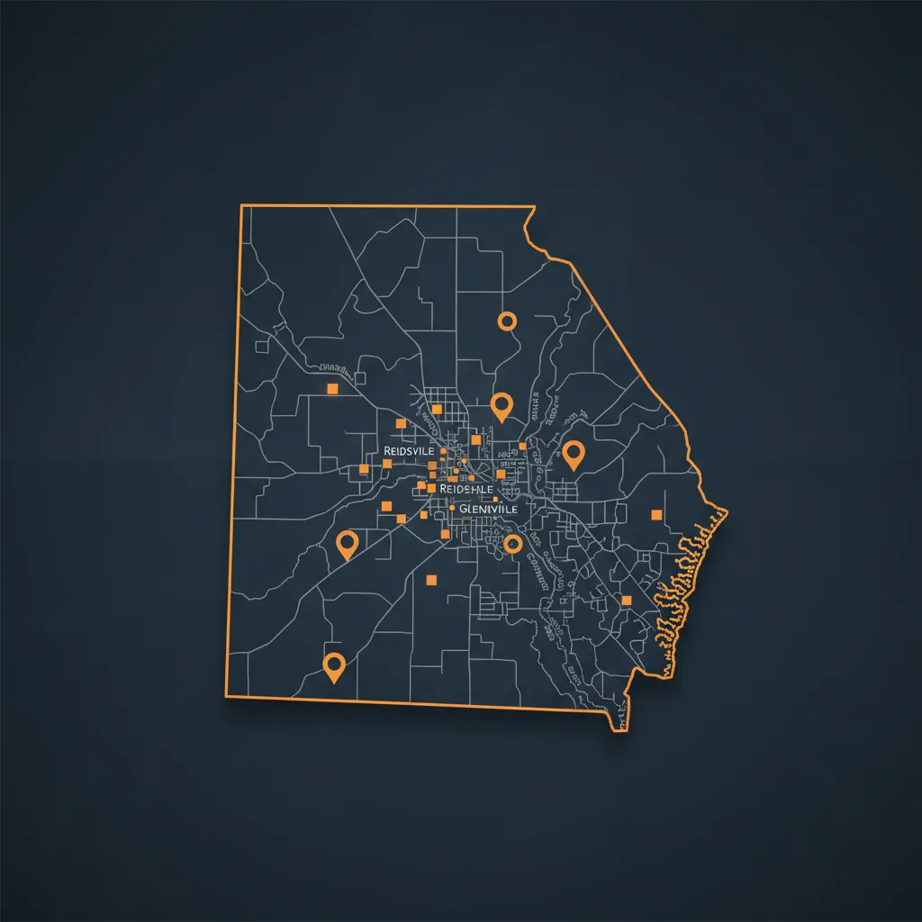 Stylized local map and architectural site plan highlighting Tattnall County