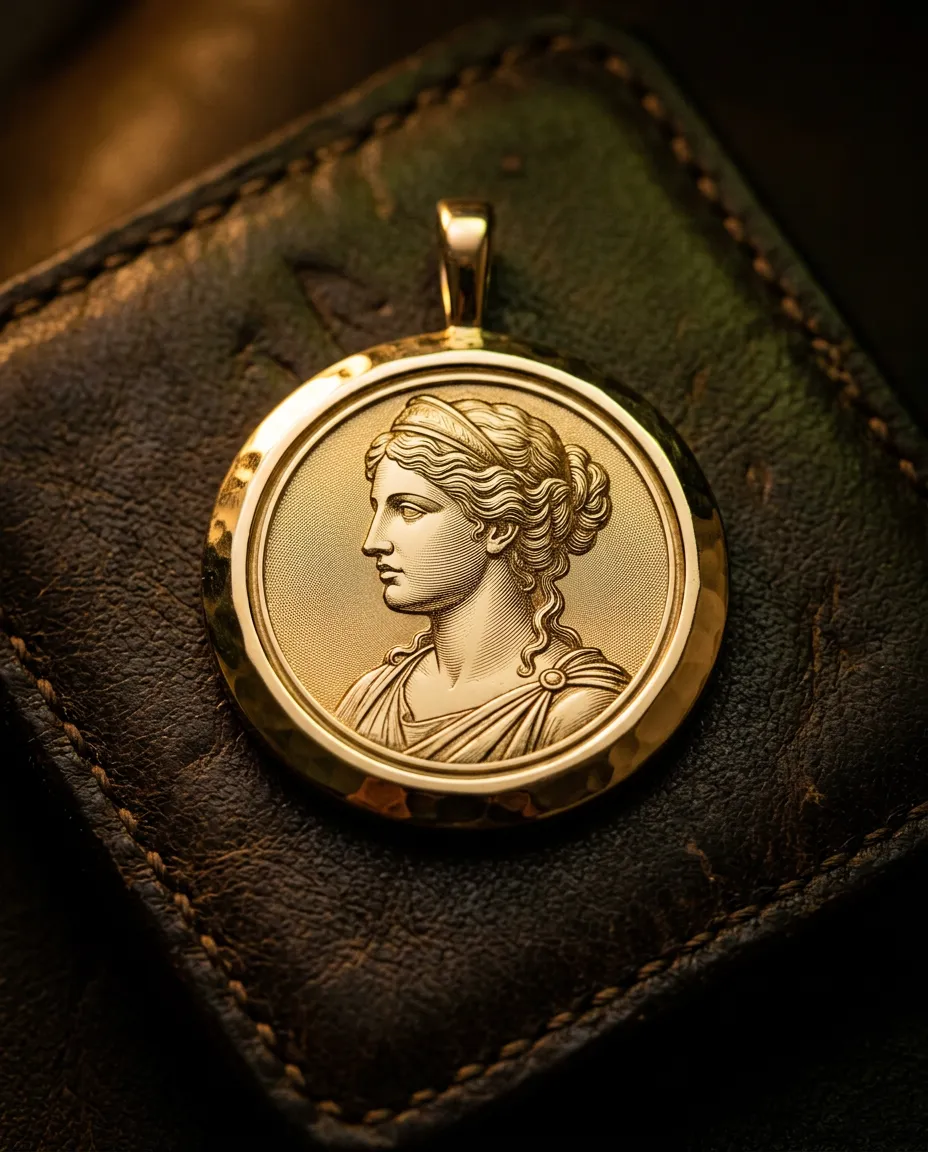 Ultra-macro view of finished Lumiera 18K solid gold heirloom pendant highlighting razor-sharp laser etched portrait detail and hand-polished bevel