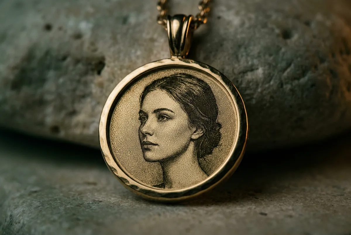 Micro-stippled laser portrait engraving revealed on solid gold pendant