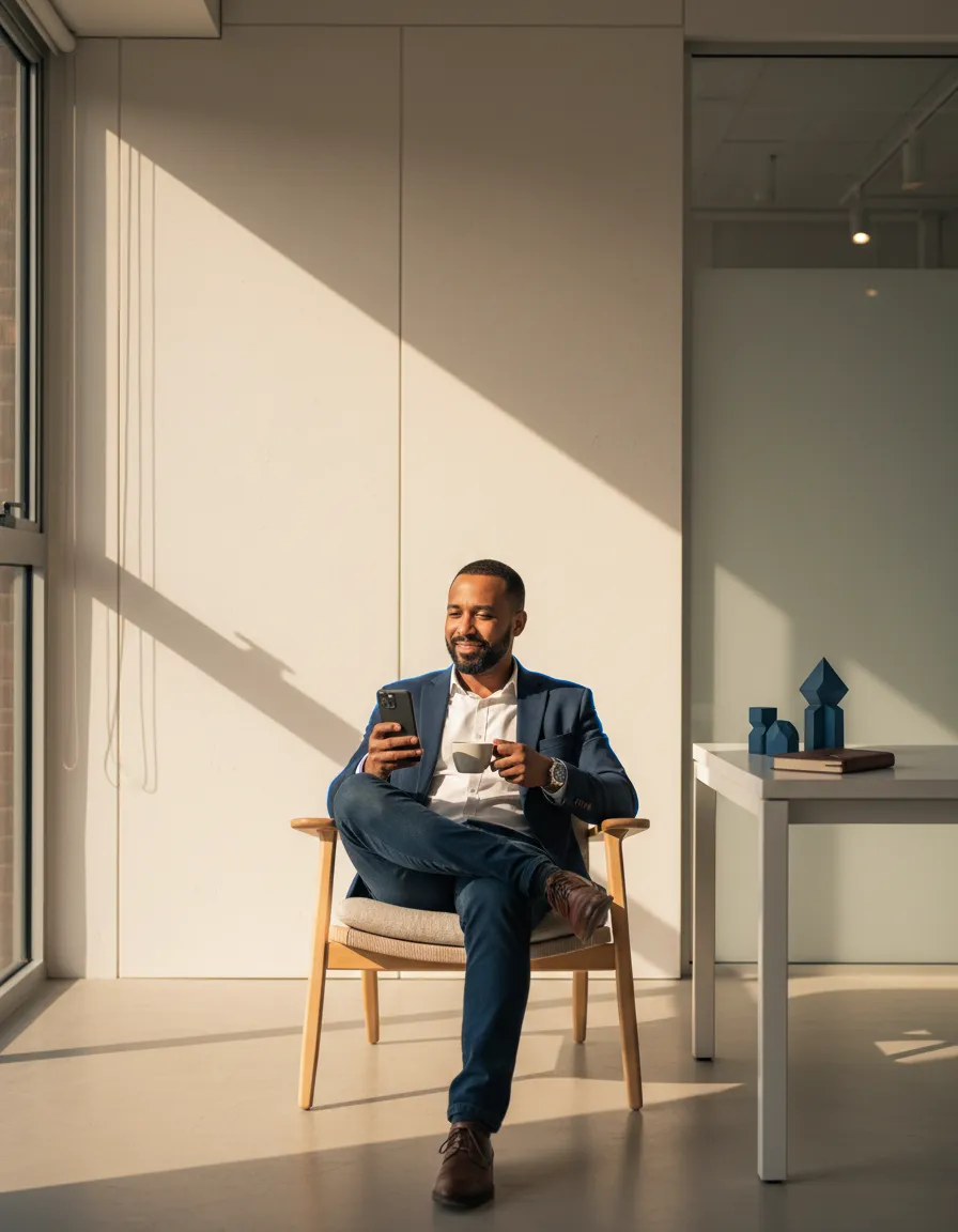A relaxed business owner looking at their phone on a Monday morning with a cup of coffee