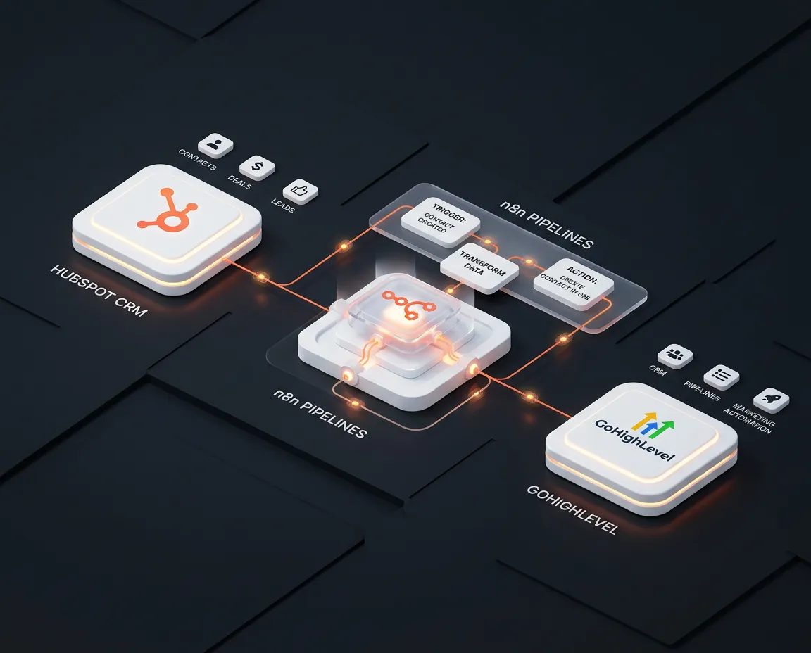 Technical architecture workflow diagram connecting HubSpot and GoHighLevel through automated n8n pipelines