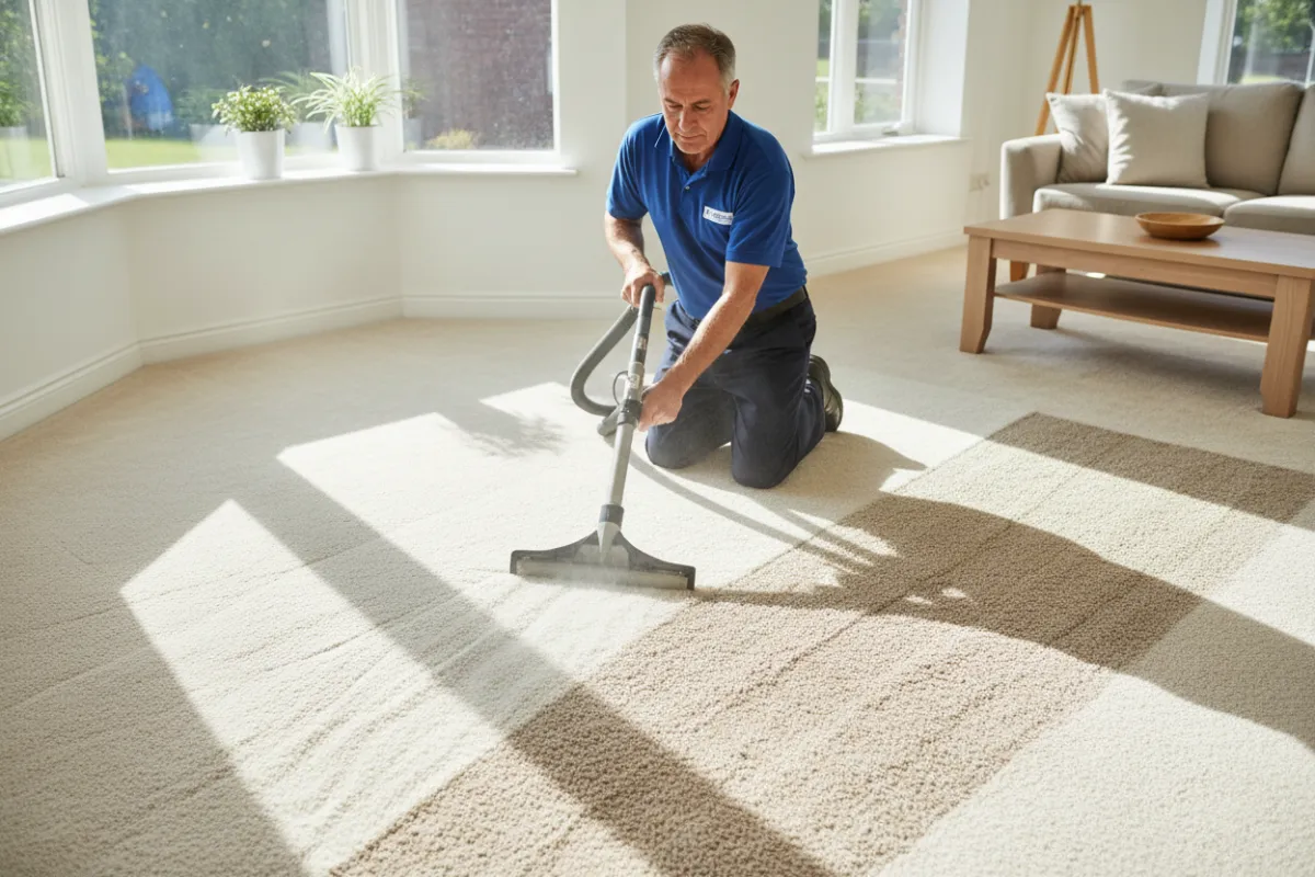 Technician using a portable carpet extractor on a living room carpet in Dover, Delaware