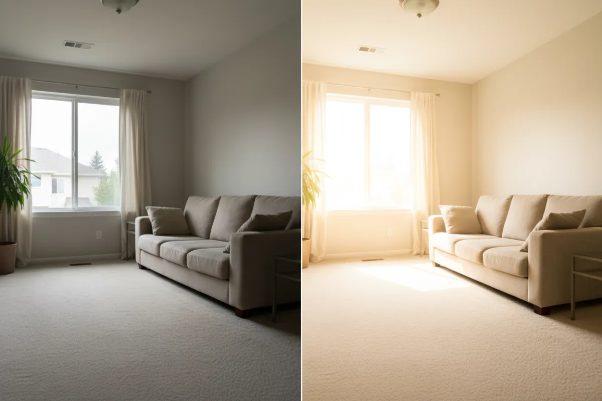 Freshly cleaned living room with bright, spotless carpet and sofa