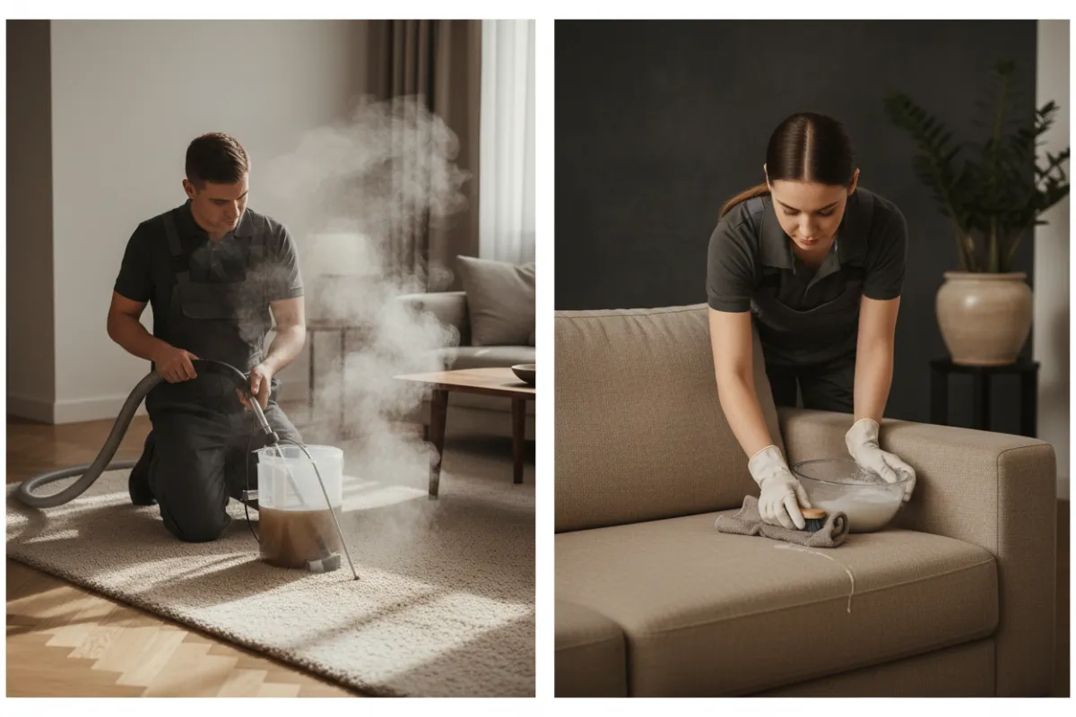 Technician steam-extracting carpet and specialist hand-cleaning a sofa.